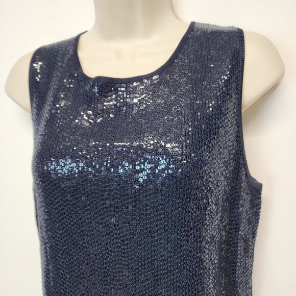 Carmen Marc Valvo Sequin Top Size M Blue Sleeveless Round Neck Evening Art Deco - Picture 4 of 13